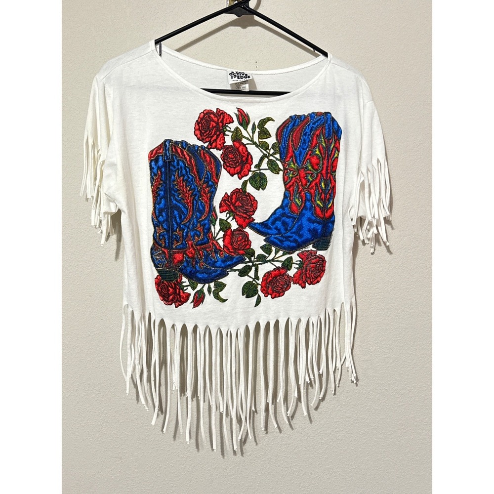 Vintage The Active Edge Fringe T-Shirt Womens OS White Cowboy Boots Roses 90s